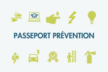 Passeport prévention : icônes des différentes formations : travail en hauteur ; secourisme : incendie ; habilitation électrique ; distanciel ; ergonomie...