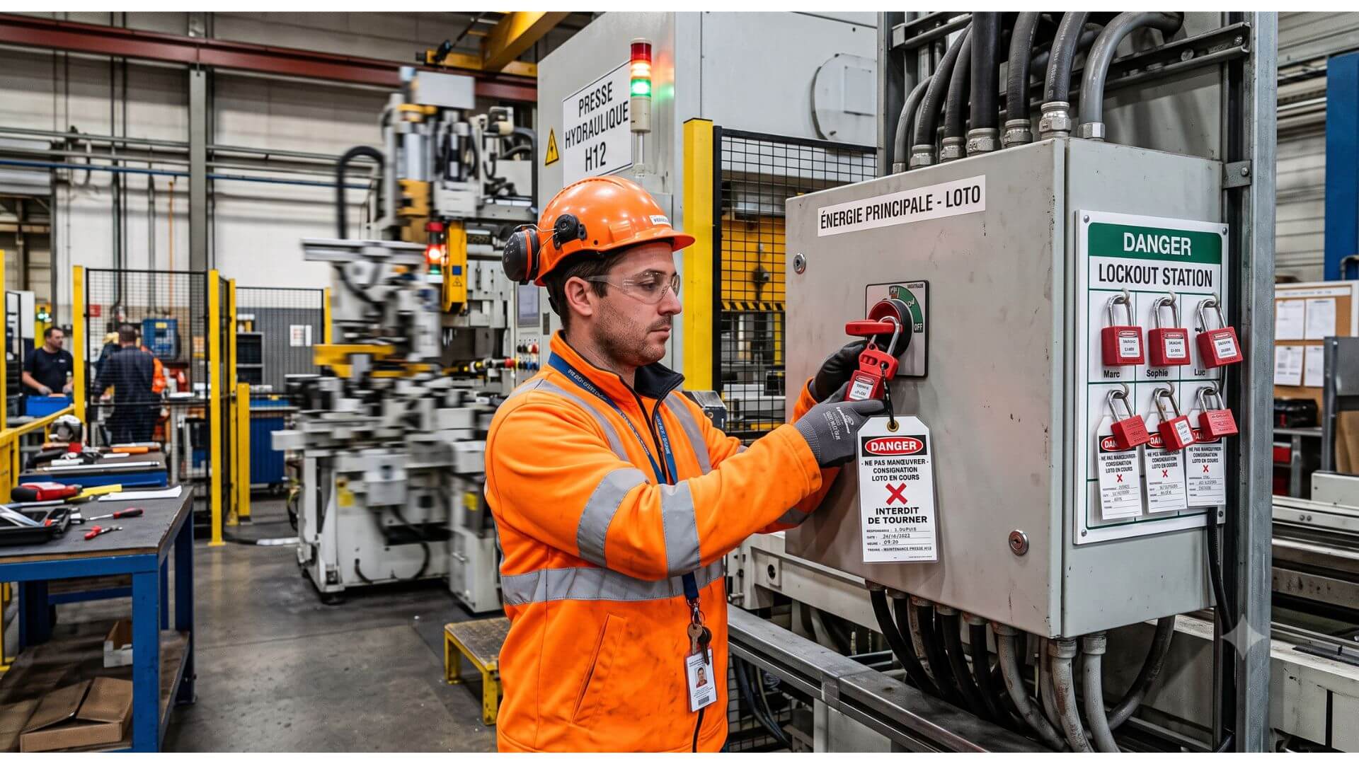 Un technicien en tenue de sécurité installe un cadenas et une étiquette de danger sur un boîtier électrique industriel lors d'une procédure de consignation (LOTO).